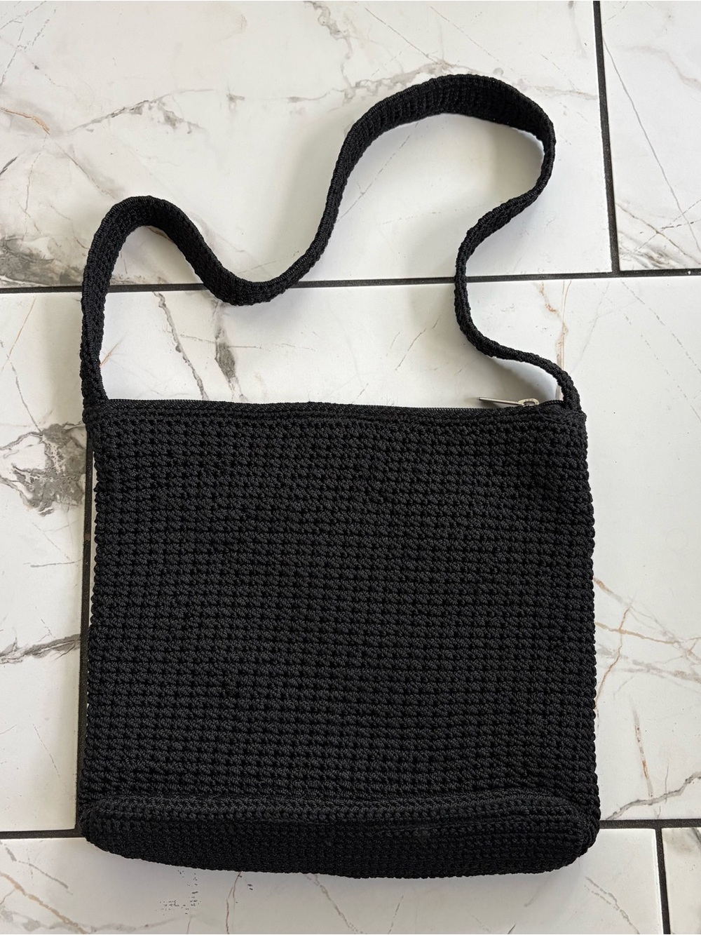 The Sak Black Crocheted Zip-Top Shoulder Bag